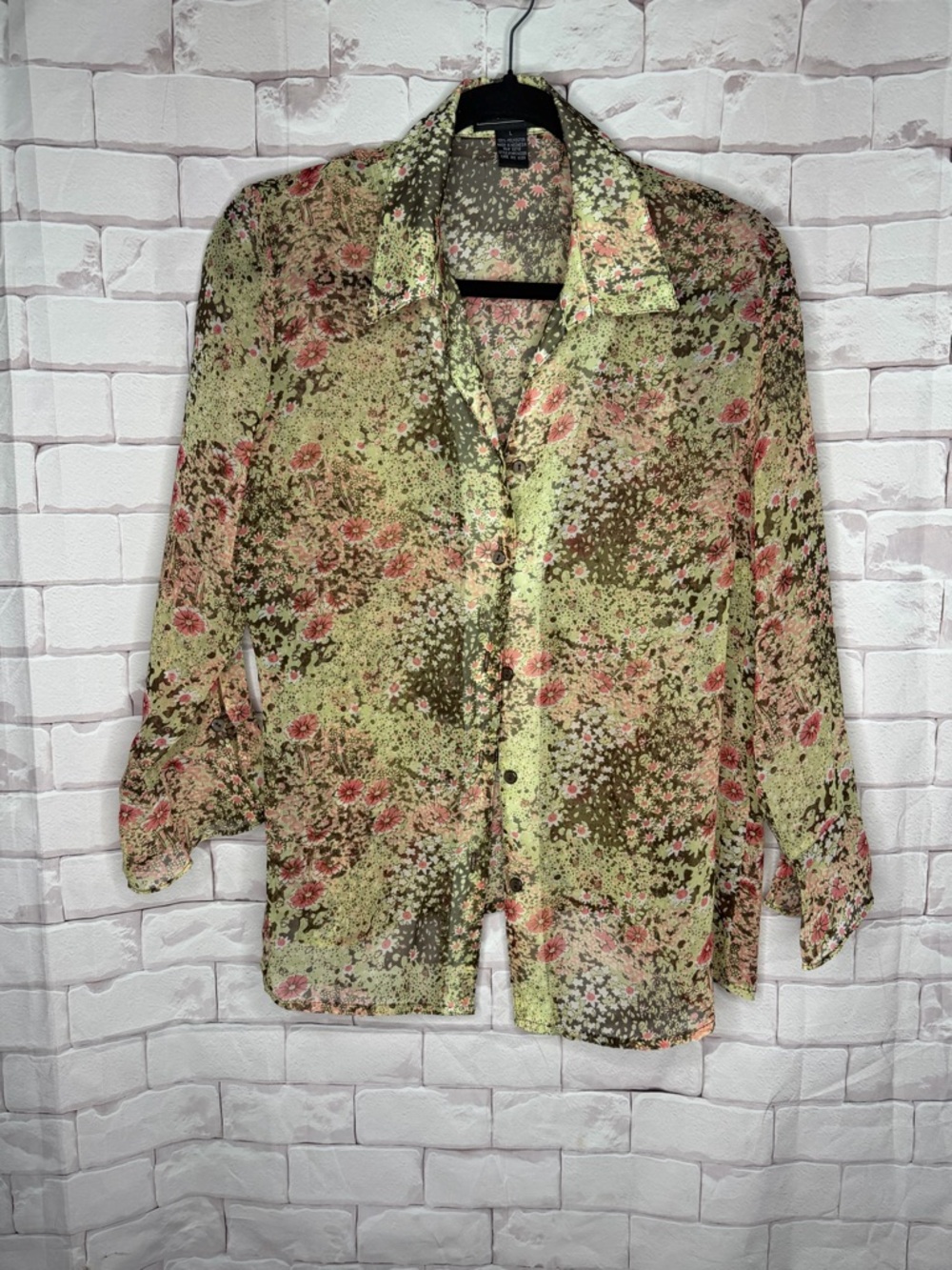 Elementz Sheer Floral Button Down Blouse Size L Green Pink Boho Cottagecore
